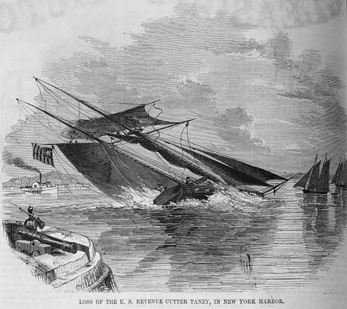 A contemporary rendering of the sudden knockdown and capsizing of Cutter Taney in New York Harbor in 1851. (Gleason’s Pictorial Drawing Room Companion, August 14, 1852) A contemporary rendering of the sudden knockdown and capsizing of Cutter Taney in New York Harbor in 1851. (Gleason’s Pictorial Drawing Room Companion, August 14, 1852)